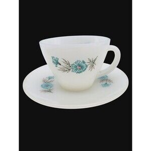 Vintage Fire King Tea Cup and Saucer set Bonnie Blue Ever Yours Boutonniere